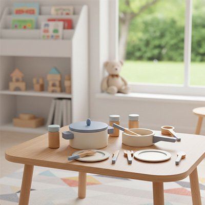 ensemble de cuisine en bois pour enfant sur la table
