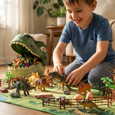 Enfant s'amusant avec figurines préhistoriques sur tapis coloré