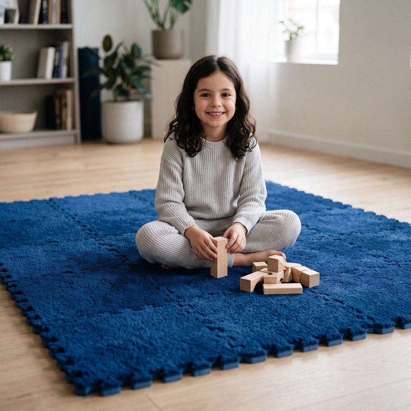 fillette assis sur puzzle tapis bebe bleu avec blocs bois