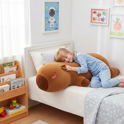 fillette fait sieste sur coussin peluche capybara xxl
