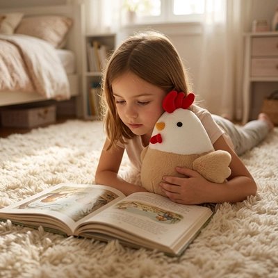 fillette lit son livre avec poule en coton