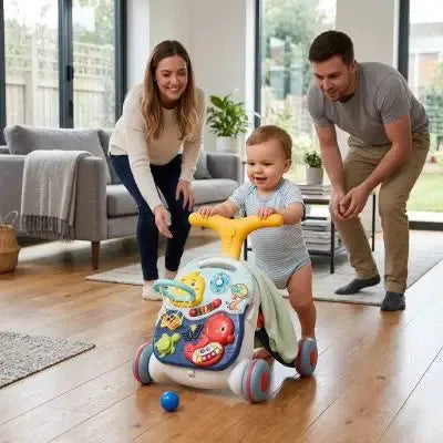 Enfant s'amuse avec chariot éducatif multicolore intérieur maison