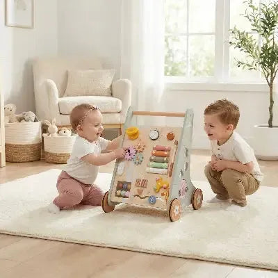 Enfants s'amusent avec chariot éducatif en bois interactif