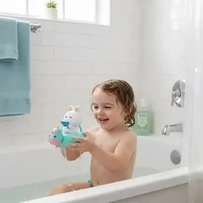 Enfant découvre l'univers aquatique avec jouet flottant coloré