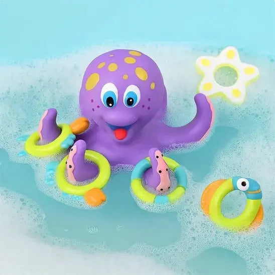 Pieuvre ludique flotte, anneaux colorés, plaisir aquatique enfantin