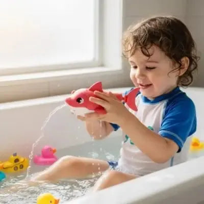 Enfant explorant l'eau avec créature marine ludique