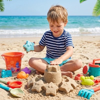 garçon fait château de sable avec ces jouets d'éveil