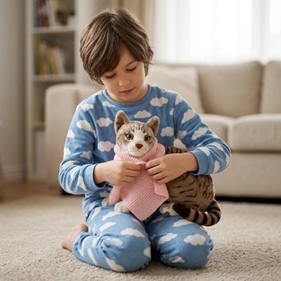 garçon qui habille son chat en peluche