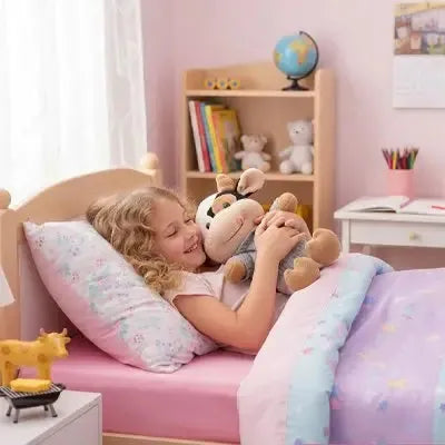 Grande peluche vache démontrant son confort d'utilisation