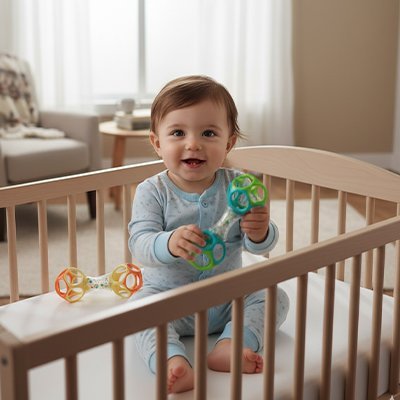 Hochet bébé bleu vert dans les mains