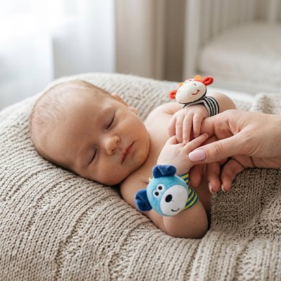 Nourrisson endormi avec bracelet sonore animalier au poignet