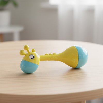 Hochet pour bebe girafe jaune bleu sur une table en bois
