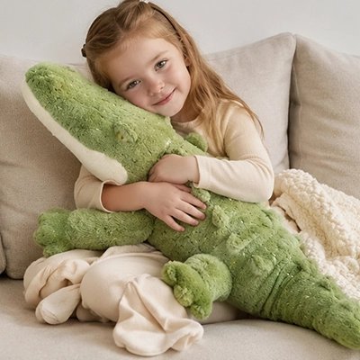 jeune fille avec sa grande peluche reptilienne 
