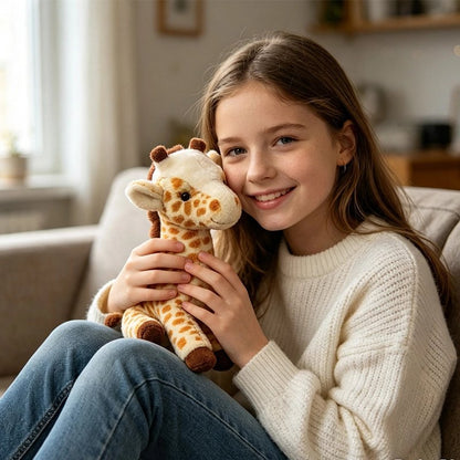 jeune fille câline sa peluche girafe