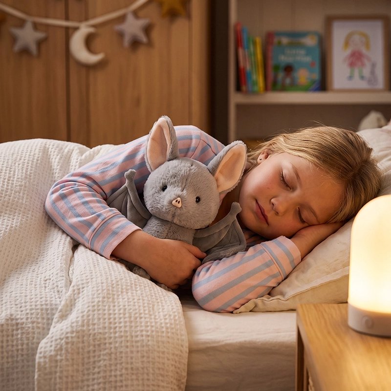 jeune fille dort avec son petit chauve souris en coton
