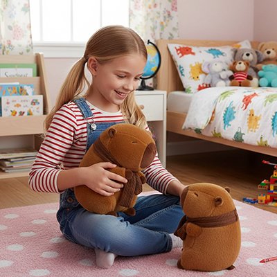 jeune fille et ses peluche capybara kawaii