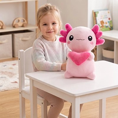 jeune fille fière de sa peluche apaisante axolotl rose