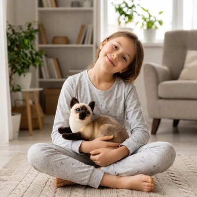 jeune fille joyeuse avec son chat siamois en peluche