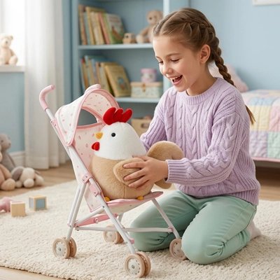 jeune fille qui met son poulet en tissu dans une poussette