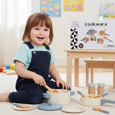 jeune fille souriant avec sa cuisinière en bois
