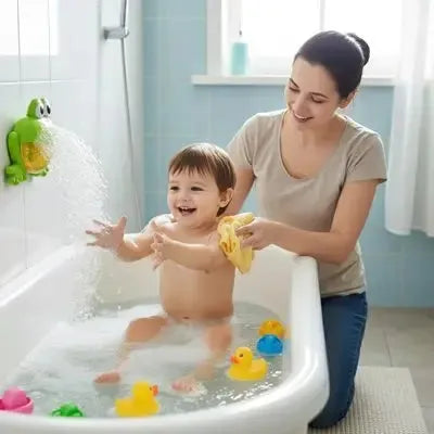 Jouet baignoire avec ​ avec bébé et maman qui lave son dos
