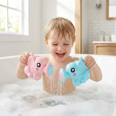 Jouet baignoire bébé, arrosoir éléphant rose et bleu dans le bain