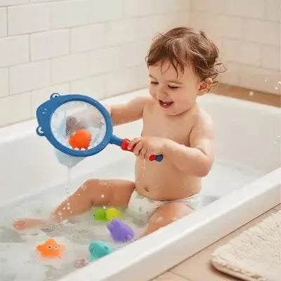 Jouet baignoire bébé, figurine orange dans le filet