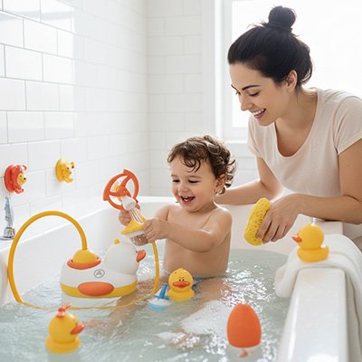 Jouet de bain avec enfant et maman qui le lave