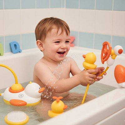 Jouet de bain avec les canards en action et bébé