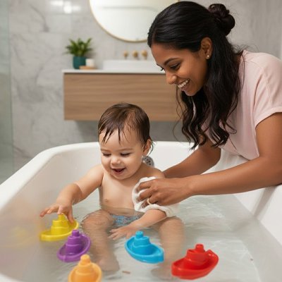Jouet de bain​ qui s'amuse avec ses bateaux avec maman