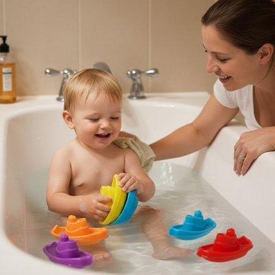 Jouet de bain​ avec bébé qui joue pendant que maman le lave