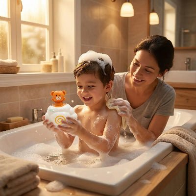 jouet de bain bébé ourson avec maman qui lave son garçon