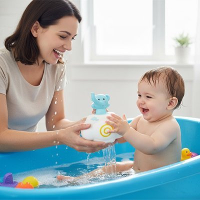 Jouet de bain bébé éléphant dans les mains avec maman