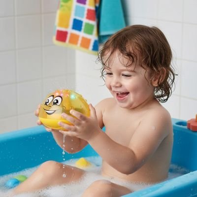 Jouet de bain​ bébé jaune dans les mains d'un garçon