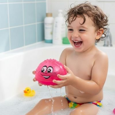 Jouet de bain​ bébé rouge dans les mains d'un enfant