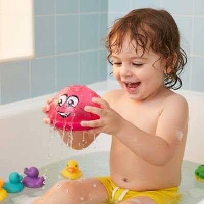 Jouet de bain​ bébé rouge avec l'eau qui s'écoule
