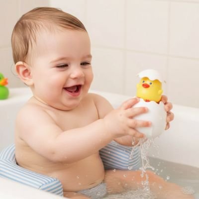 Jouet de bain bébé heureux qui tien son canard dans les mains