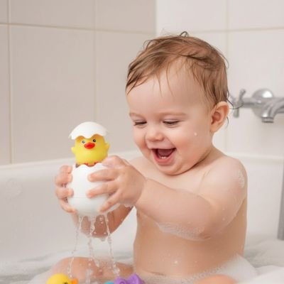 Jouet de bain bébé et garçon qui joue avec son canard