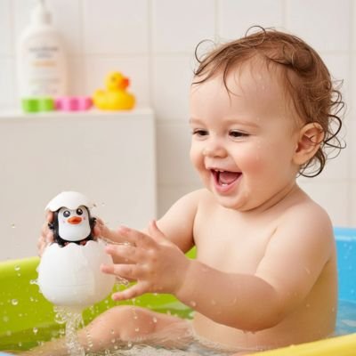 Jouet de bain bébé qui s'amuse avec son oeuf pingouin