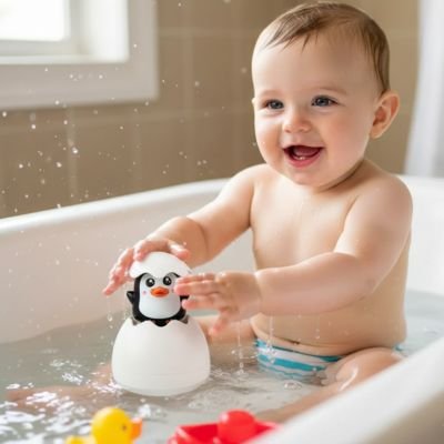 Jouet de bain bébé et garçon qui joue avec son pingouin 