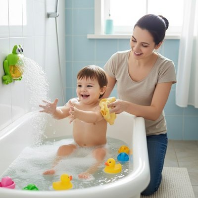 Jouet de bain​ avec bébé et maman qui lave son dos