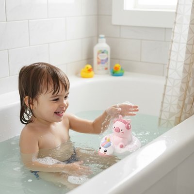 Jouet de bain​ rose avec enfant qui sourit en s'amusant