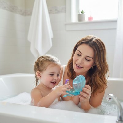 Jouet de bain​ avec jeune fille et maman