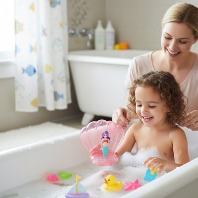 Jouet de bain​ avec jeune fille et maman derrière