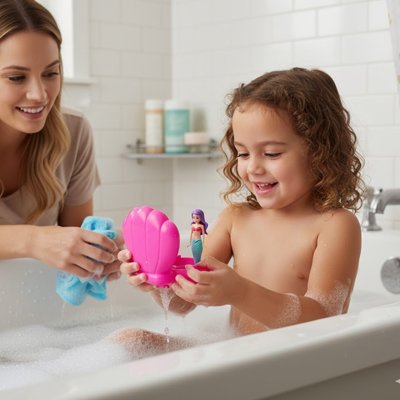 Jouet de bain​ avec fillette et maman qui le lave