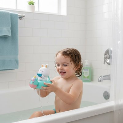 Jouet de bain​ vert avec enfant qui s'amuse 