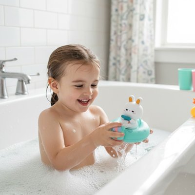 Jouet de bain​ vert avec jeune fille souriante