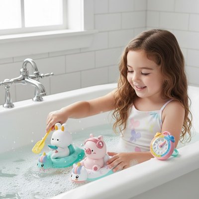 Jouet de bain​ vert et rose en action avec fillette