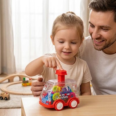 Jouet d'éveil voiture rouge avec fille et papa