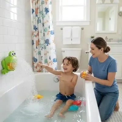 Enfant et parent explorant jeux aquatiques ludiques baignoire